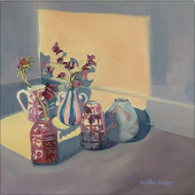 Load image into Gallery viewer, A canvas print featuring a still life arrangement of pots and flowers, with a warm color palette.