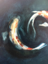 Load image into Gallery viewer, Close up of red, orange and white Koi swimming in deep water, on canvas
